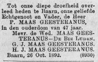Overlijdensbericht P. (Pieter) MG (1892)